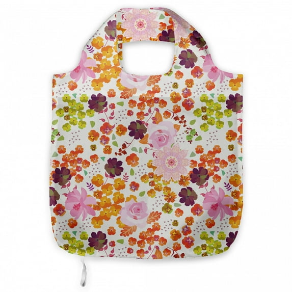 Spring Fabric Shopping Tote, Colorful Flowers Roses Daisy Gardening Blossoms Romantic Nature Motif, Portable and Foldable Bag to Keep in Pocket Bag Purse & Car, White and Multicolor, by Ambesonne