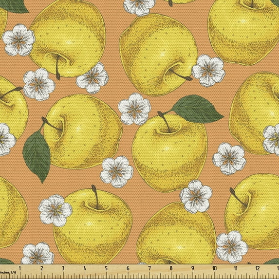 Ambesonne Spring Fabric by the Yard Upholstery, Apples and Blooms Garden, 3 Yards, Mustard Apricot and Emerald