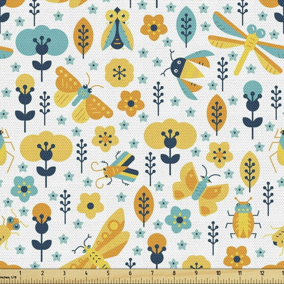 Ambesonne Spring Fabric by the Yard Upholstery, Flower Blooms and Bugs, 1 Yard, Multicolor