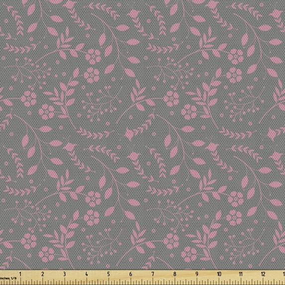Spring Fabric by the Yard, Curvy Flower Branches and Leaves Swirly Herbs Blooms Ornamental Motif, Decorative Upholstery Fabric for Sofas and Home Accents, Grey Teal and Pink by Ambesonne