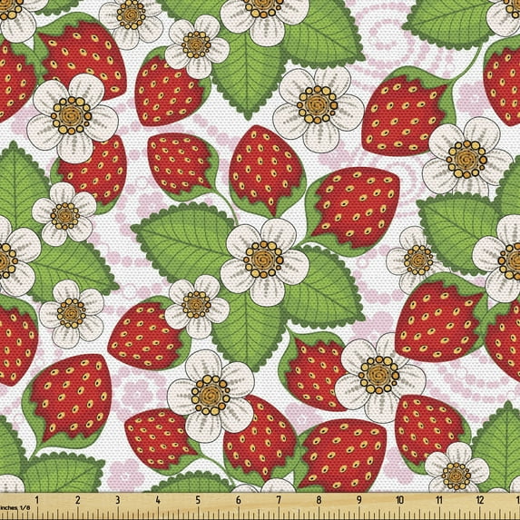 Ambesonne Spring Fabric by the Yard Upholstery, Floral Strawberry Scene, 1 Yard, Green Red