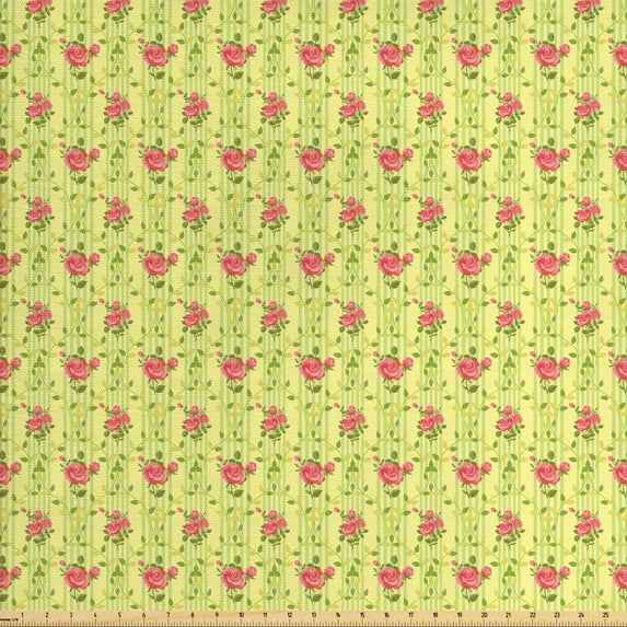 Spring Fabric by the Yard, Flourishing Roses with Leaves on Striped Pastel Green Background, Upholstery Fabric for Dining Chairs Home Decor Accents, Green Coral by Ambesonne