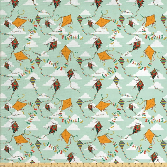 Ambesonne Spring Fabric by the Yard Upholstery, Flying Kites in the Sky, 3 Yards, Multicolor