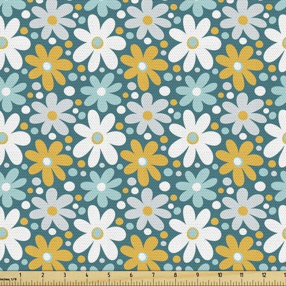 Ambesonne Spring Fabric by the Yard Upholstery, Gardening Petals Daisy Art, 5 Yards, Teal Pale Blue Orange