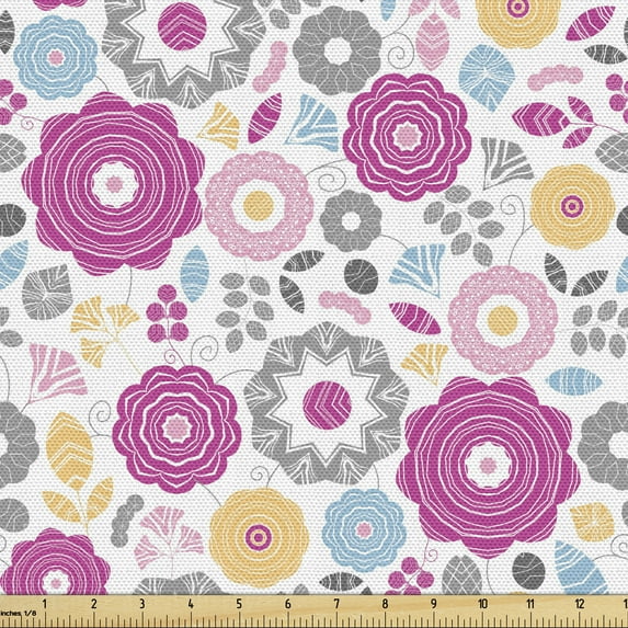 Ambesonne Spring Fabric by the Yard Upholstery, Geometric Art Botany Petals, 10 Yards, Purple Grey Pale Orange