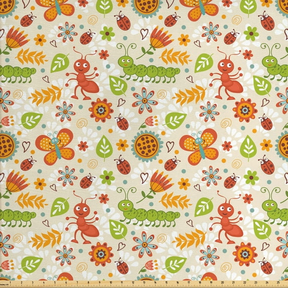 Spring Fabric by the Yard, Jolly Smiling Cartoon Caterpillar and Ants Concept with Spring Flowers and Leaves, Upholstery Fabric for Dining Chairs Home Decor Accents, Multicolor by Ambesonne