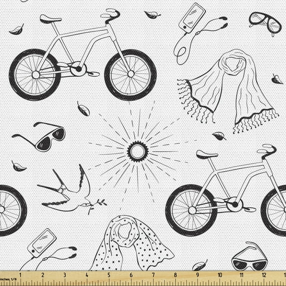 Ambesonne Spring Fabric by the Yard Upholstery, Outdoor Hobbies Bicycle Art, 1 Yard, Charcoal Grey and White