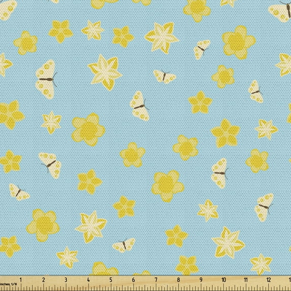 Spring Fabric by the Yard, Pastel Butterflies Flying amongst Flower Petals Summer Revival Season, Decorative Upholstery Fabric for Sofas and Home Accents, Pale Blue Mustard by Ambesonne