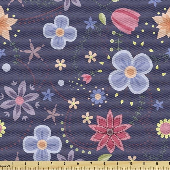 Ambesonne Spring Fabric by the Yard Upholstery, Colorful Theme Petals Doodle, 5 Yards, Multicolor
