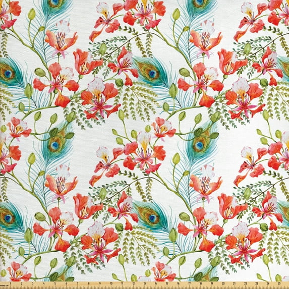 Ambesonne Spring Fabric by the Yard Upholstery, Peacock Feather Petunia, 2 Yards, Multicolor