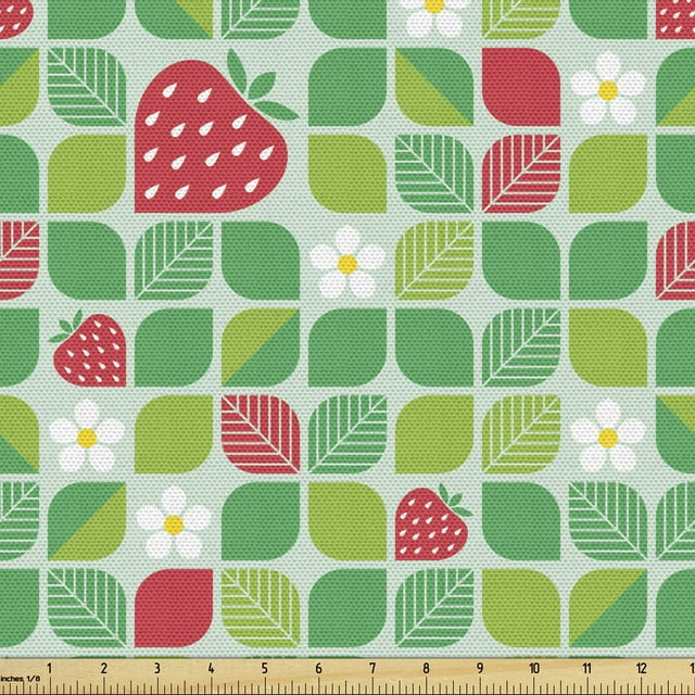 Ambesonne Spring Fabric by the Yard Upholstery, Daisy Strawberry Leaves Art, 3 Yards, Dark Coral Lime Green