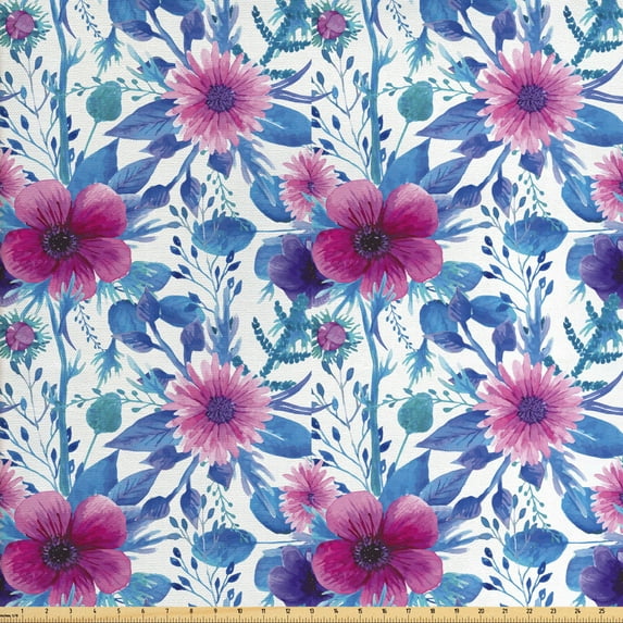 Ambesonne Spring Fabric by the Yard Upholstery, Watercolor Nosegay Flowers, 3 Yards, Azure Blue Pink