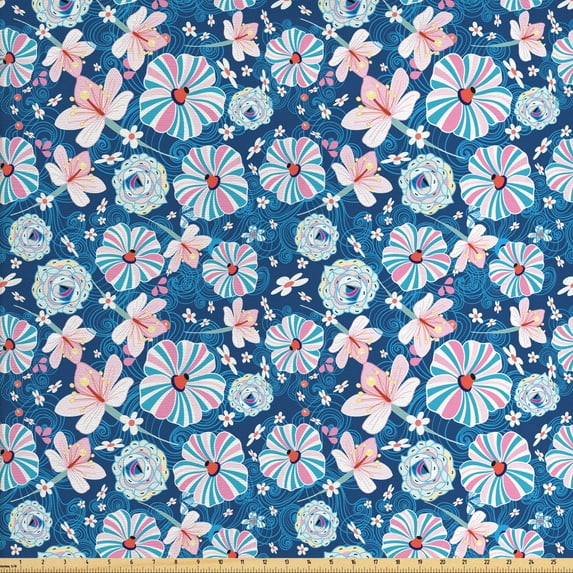 Spring Fabric by the Yard, Seasonal Nature Blooms Colorful Garden Art Illustration Ornamental Swirls Background, Decorative Upholstery Fabric for Chairs & Home Accents, Multicolor by Ambesonne