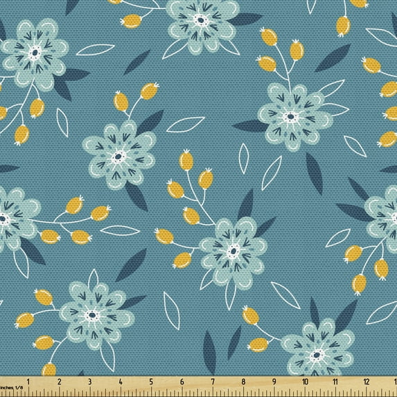 Ambesonne Spring Fabric by the Yard Upholstery, Flourish Art Petals, 3 Yards, Teal Earth Yellow