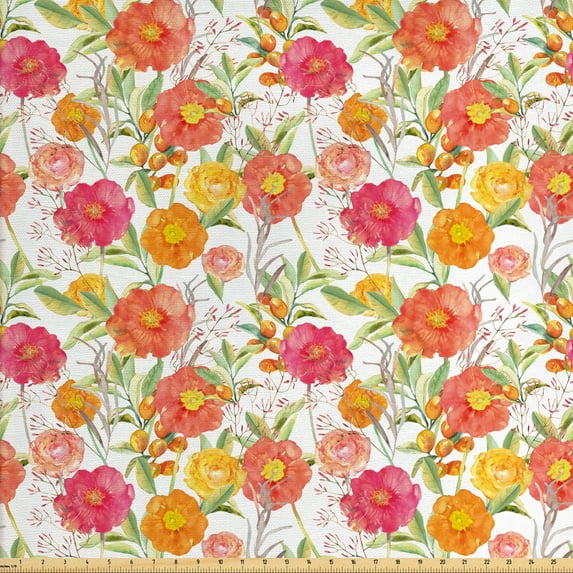 Ambesonne Spring Fabric by the Yard Upholstery, Watercolor Flowers Berries, 3 Yards, Multicolor