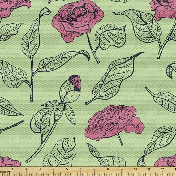 Spring Fabric by the Yard Upholstery, Romantic Gentle Peony Flowers Composition and Dotted Sketchy Leaves, Decorative Fabric for DIY and Home Accents, Green Pink Charcoal Grey by Ambesonne
