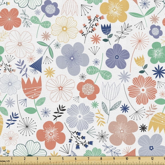 Ambesonne Spring Fabric by the Yard Upholstery, Scandinavian Meadow Flowers, 5 Yards, White and Multicolor