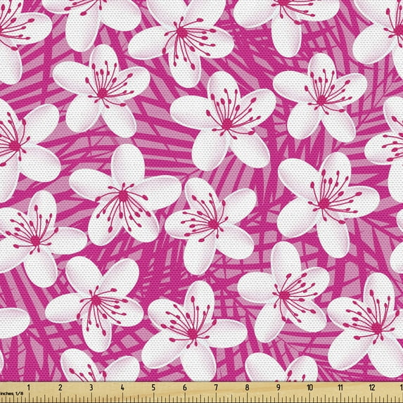 Ambesonne Spring Fabric by the Yard Upholstery, Tropical Frangipani Flowrs, 5 Yards, Magenta and White