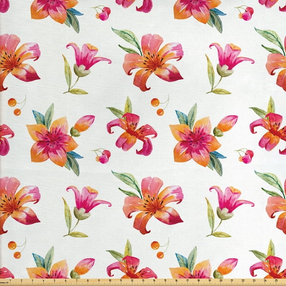 Spring Fabric by the Yard Upholstery, Watercolor Style Composition with Seasonal Flourishing Nature Themed Petal Blossom, Decorative Fabric for DIY and Home Accents, Multicolor by Ambesonne