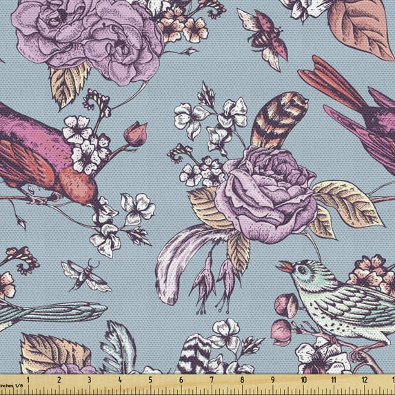 Ambesonne Spring Fabric by the Yard Upholstery, Perching Birds and Flowers, 2 Yards, Multicolor