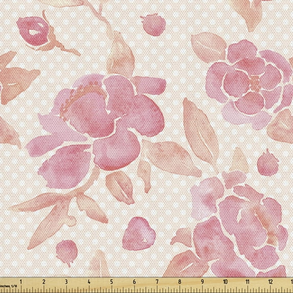 Ambesonne Spring Fabric by the Yard Upholstery, Pinkish Watercolor Flowers, 1 Yard, Pink Peach and Cream