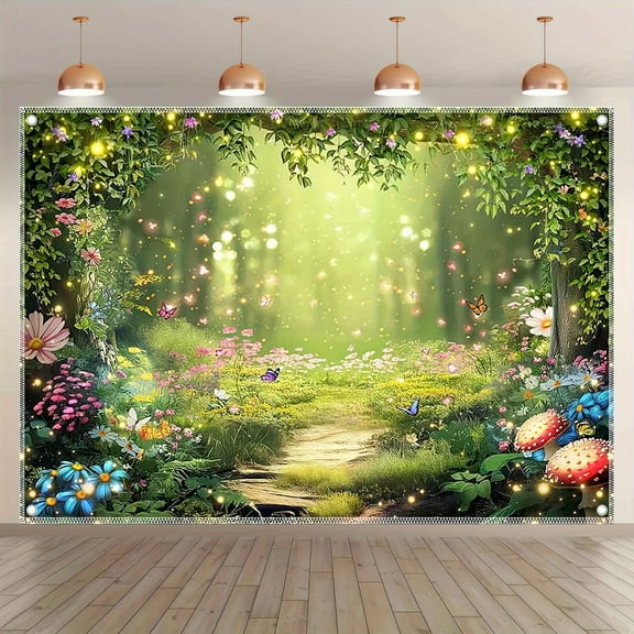 Spring Fairy Forest Tapestry-Bright Butterfly Trail, Wildflower Grass and Firefly Scene-Durable Polyester Photographic Background Cloth for Indoor and Outdoor Decoration