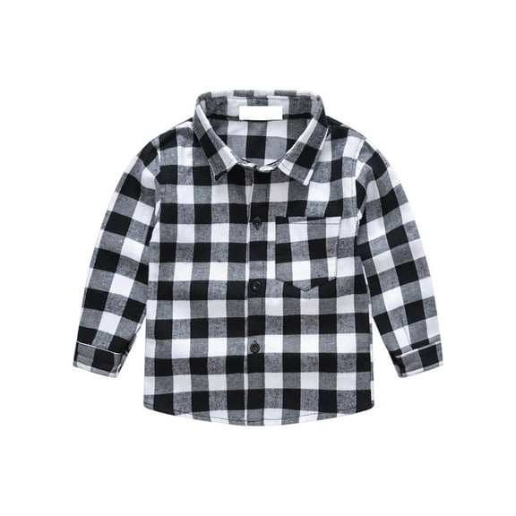 Spring Fall Boys Plaid Cute Shirt Long Sleeve Button Down Casual Shirt Black 140