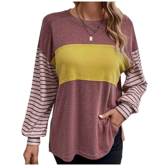 Spring Fall Fashion Tops for Women Casual Loose Striped Patchwork Color Block Crewneck Long Sleeve Lightweight Shirts(Wine,XL)