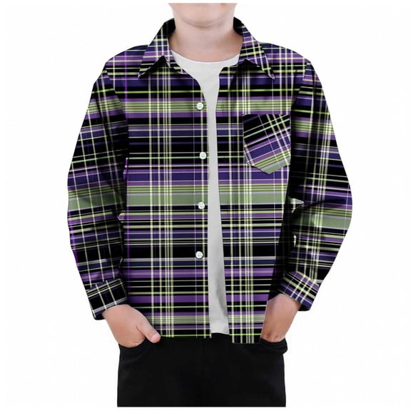 Spring Fall Jackets for Boys 2025 Long Sleeve Fashion Plaid Print Casual Button Down Shirt Shacket Children Outwear with Pocket 3-9Y Purple