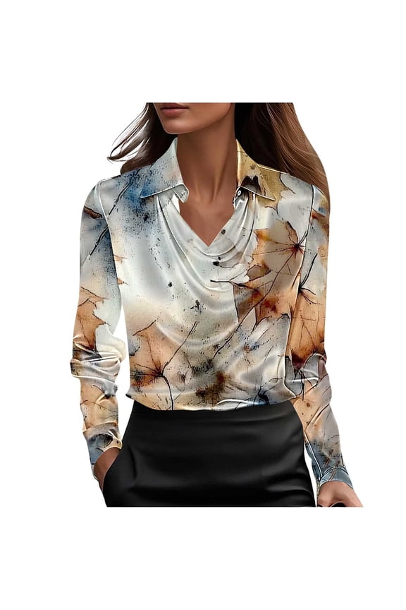 Spring Fall Layering Tunic – Women's Printed Top with Long Sleeve Drop Neckline & Button Detail, Floral Boho Pattern Casual Blouse, Loose Fit Relaxed Style