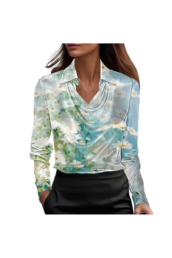 Spring Fall Layering Tunic – Women's Printed Top with Long Sleeve Drop Neckline & Button Detail, Floral Boho Pattern Casual Blouse, Loose Fit Relaxed Style