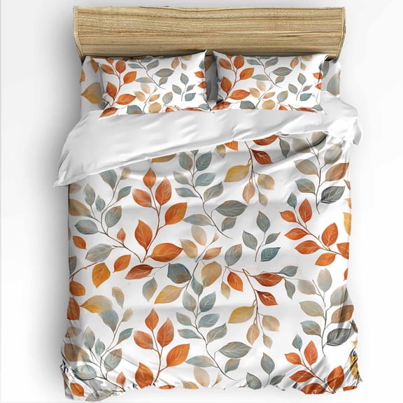 Spring Fall Leaf Twin Size Comforter Set, Orange Watercolor Leaves Spring Plant Soft Bedding for All Seasons, 4 Pcs Bed Set with 1 Comforter (68"x86") ,1Sheet(66"x116"), 2 Pillowcases (19"x29")