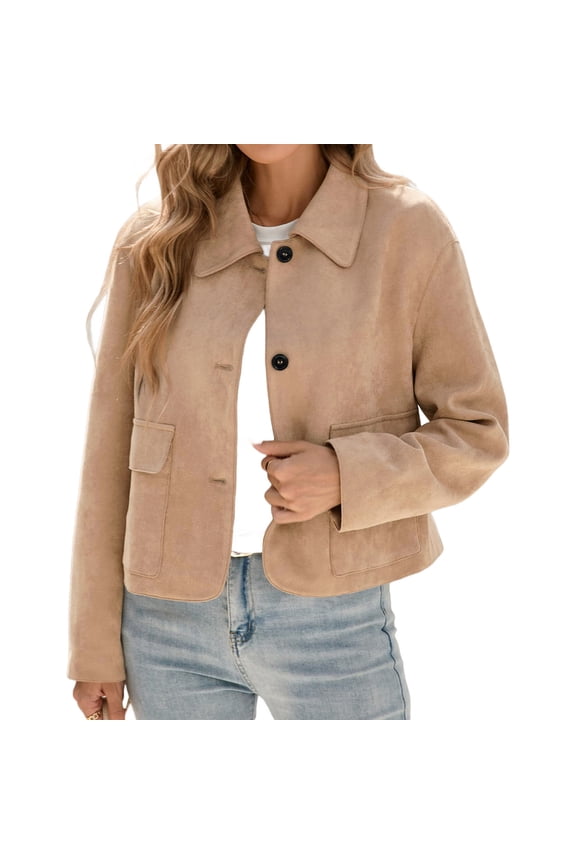 Spring Fall Long Sleeve Lapel Women Button Down Faux Suede Jacket Cropped Coat
