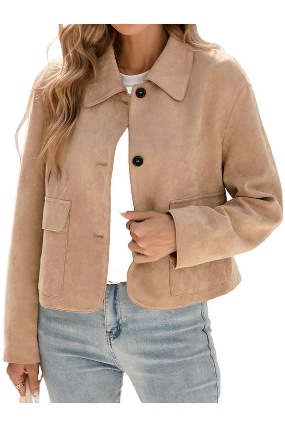 Spring Fall Long Sleeve Lapel Women Button Down Faux Suede Jacket Cropped Coat