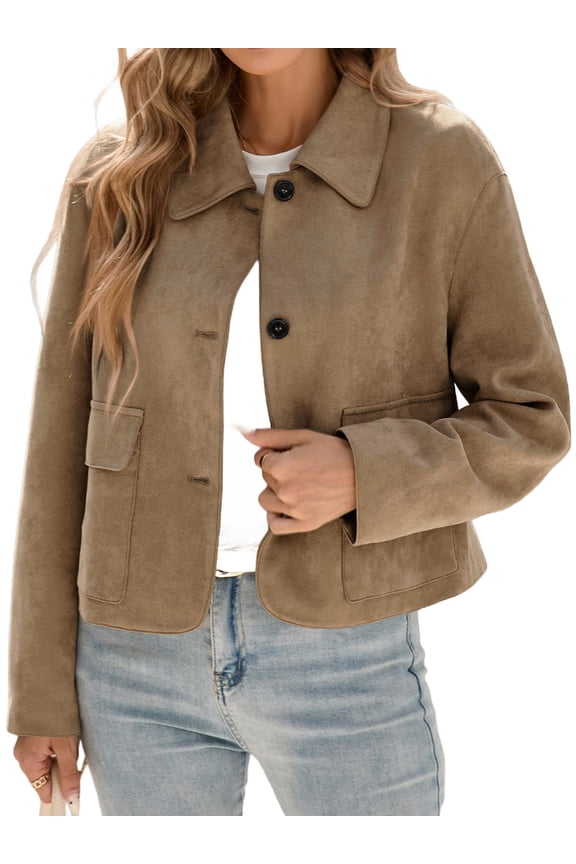 Spring Fall Long Sleeve Lapel Women Button Down Faux Suede Jacket Cropped Coat