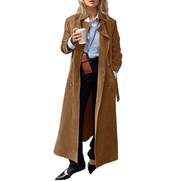 Spring Fall Long Sleeved Women Casual Faux Suede Coat Double Breasted Long Trench Coat with Belt