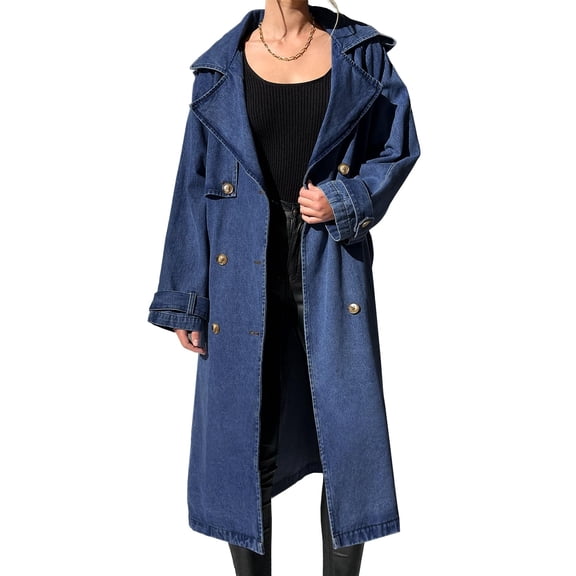 Spring Fall Long Sleeved Women Solid Lapel Double Breasted Long Denim Coat Trenchcoat
