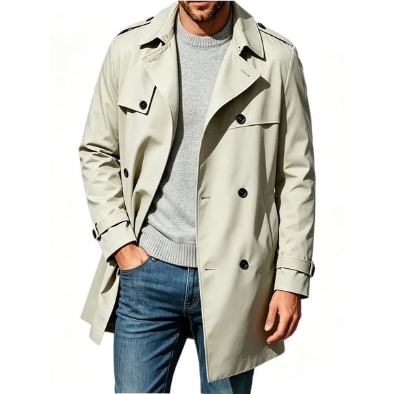Spring Fall Men Double Breasted Casual Lapel Trench Coat Belted Windbreaker