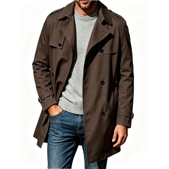 Spring Fall Men Double Breasted Casual Lapel Trench Coat Belted Windbreaker
