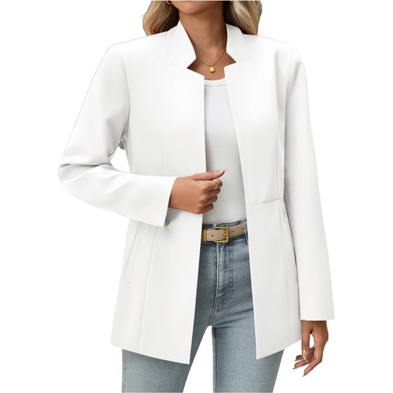 Spring Fall Stand Collar Solid Color Women Long Sleeved Open Front Work Office Blazer Coat