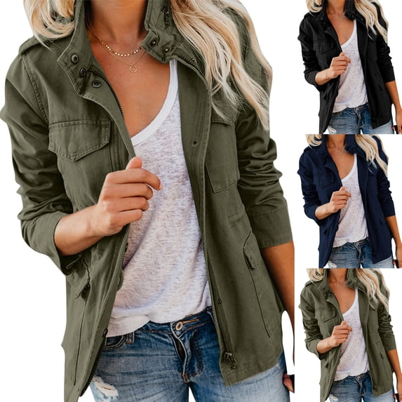 Spring Fall Utility Safari Jacket for Women Stand Collar Zip Up Snap Buttons Military Jackets Coats Outwear Army Green XXXXXL
