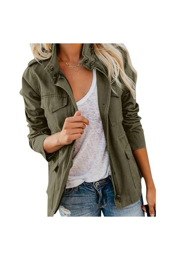 Spring Fall Utility Safari Jacket for Women Zip Up Snap Buttons Military Jackets Stand Collar Coats Casual Outwear Army Green XXL