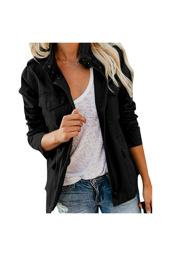 Spring Fall Utility Safari Jacket for Women Zip Up Snap Buttons Military Jackets Stand Collar Coats Casual Outwear Black XXL