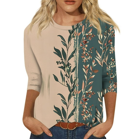 Spring Fall Winter Floral Tops for Women with Skinny Jeans Outfits, 3/4 Sleeve Print Round Neck T-Shirts Shirt Floral 3/4 Womens Casual Quarter Quarter Ladies Cotton Knit Green Xxl