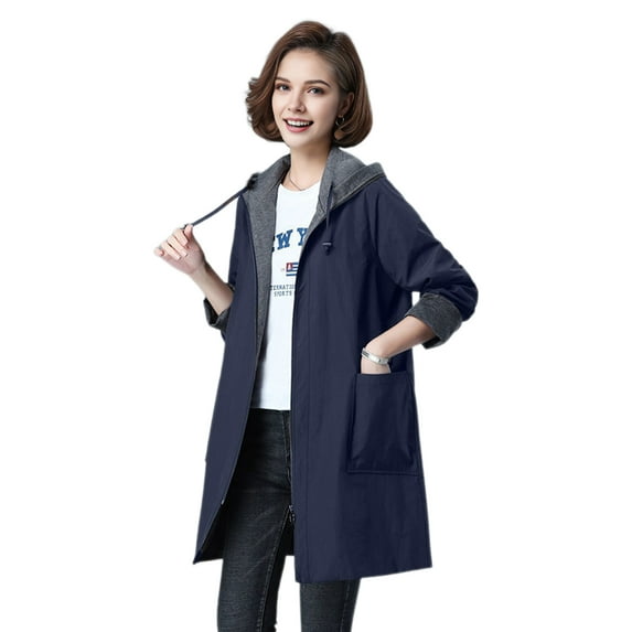 Spring Fall Women Jacket Hooded Long Sleeves Drawstring Plus Size Pockets Zipper Closure Windbreaker Mid Length Solid Color Big Pockets Windproof Warm Coat