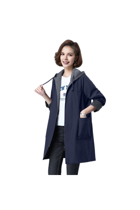 Spring Fall Women Jacket Hooded Long Sleeves Drawstring Plus Size Pockets Zipper Closure Windbreaker Mid Length Solid Color Big Pockets Windproof Warm Coat