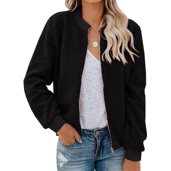 Spring Fall Women Long Sleeve Bomber Jacket Zipper Casual Fleece Coat