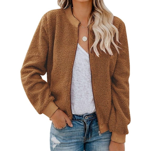 Spring Fall Women Long Sleeve Bomber Jacket Zipper Casual Fleece Coat