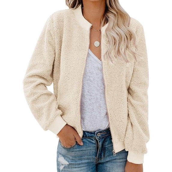 Spring Fall Women Long Sleeve Bomber Jacket Zipper Casual Fleece Coat