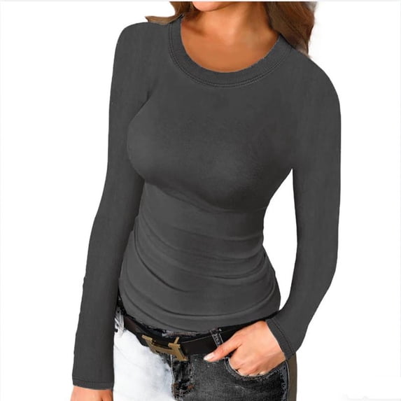 Spring Fall Women Long Sleeve Slim Fit Solid T Shirt Crew Neck Tops